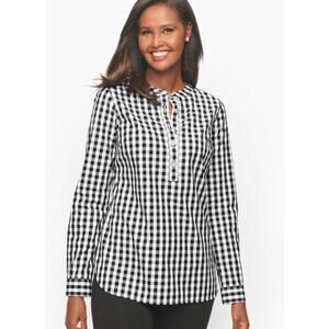 Talbots Medium Tunic Top Buffalo Plaid Rhinestone Button Shirt Black White Check